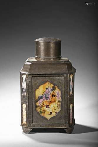 A very large hexagonal pewter 'story scene' tea caddy