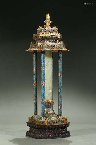 A cloisonne enamel and white jade pagoda censer