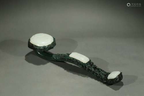 A large spinach green and white jade ruyi scepter