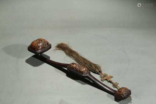 An agarwood embellished hardwood ruyi scepter