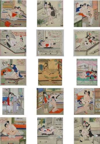 A set of fifteen anonymous erotic scene paintings