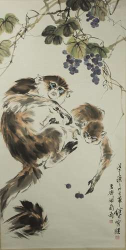 Wang Xuetao: color and ink on paper 'monkeys' painting