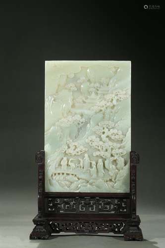 A white jade 'landscape' gilt-painted table screen