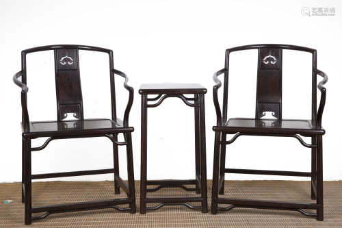 A Pair of Two Chinese Carved Zitan Chairs with A  Tea Table