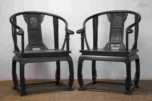 A Pair of Two Chinese Carved Zitan Chairs