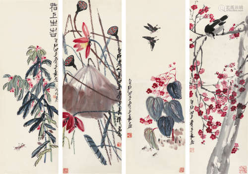 齐良迟（1921～2003） 1958年作 花卉草虫四屛 镜片 纸本