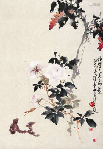 赵少昂（1905～1998）  杨善深（1913～2004）  邓芬（1894～1964） 花卉 镜片 纸本