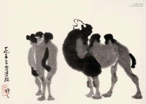 吴作人（1908～1997） 1975年作 双驼 镜框 纸本