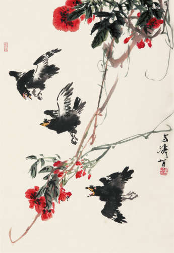 王雪涛（1903～1982） 鹊戏凌霄 立轴 纸本