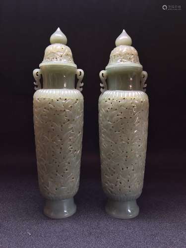 A PAIR OF JADE CARVED VASE AND COVER