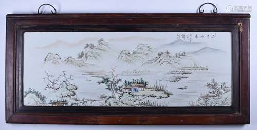 A FAMILLE ROSE PLAQUE OF LANDSCAPE, FRAMED