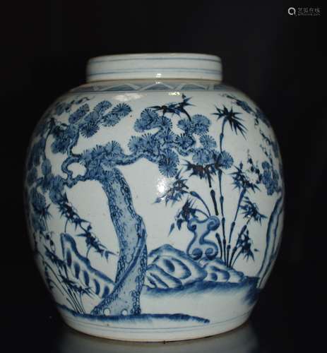 A BLUE AND WHITE JAR AND COVER