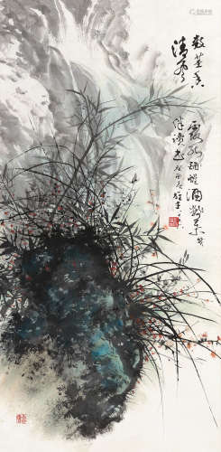 黎雄才（1910～2001） 癸酉（1993）年作 兰石飞瀑 镜片 设色纸本