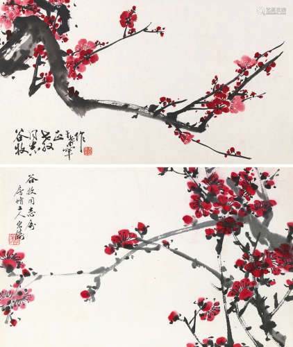 于希宁  郑宏涛 梅花 （两帧） 镜片 设色纸本