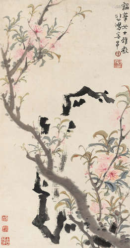 徐悲鸿（1895～1953） 桃花湖石 立轴 设色纸本