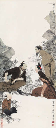 沈道鸿（b.1947） 辛巳（2001）年作 蕉荫对弈 立轴 设色纸本