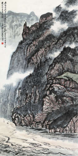 黄纯尧（1947～2007） 丁卯（1987）年作 峡江行舟图 立轴 设色纸本