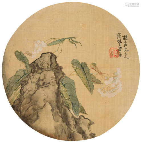 居廉（1828～1904） 螳螂花卉 镜片 设色绢本
