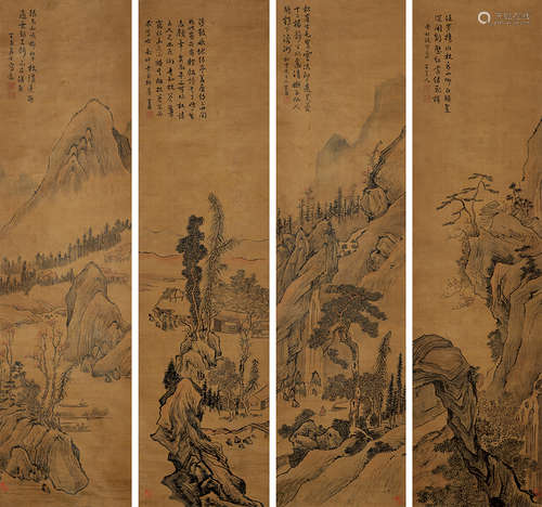 谢兰生（1760～1831） 山水 四屏立轴 设色绢本