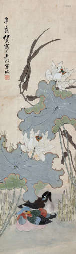 任薰（1835～1893） 荷花鸳鸯 立轴 设色纸本