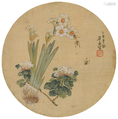 居廉（1828～1904） 水仙蜜蜂 镜片 设色绢本