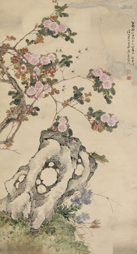 居廉（1828～1904） 丙申（1896）年作 花卉草虫 立轴 设色纸本
