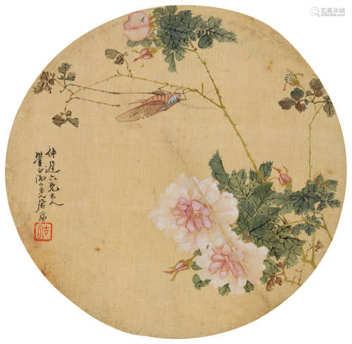 居廉（1828～1904） 月季蚱蜢 镜片 设色绢本