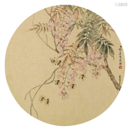 缪嘉惠（1875～1908） 紫藤蜜蜂 镜片 设色纸本