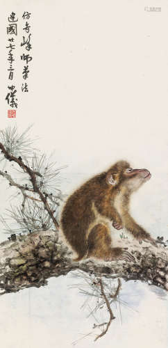 张坤仪（1895～1969） 1938年作 松猿图 立轴 设色纸本