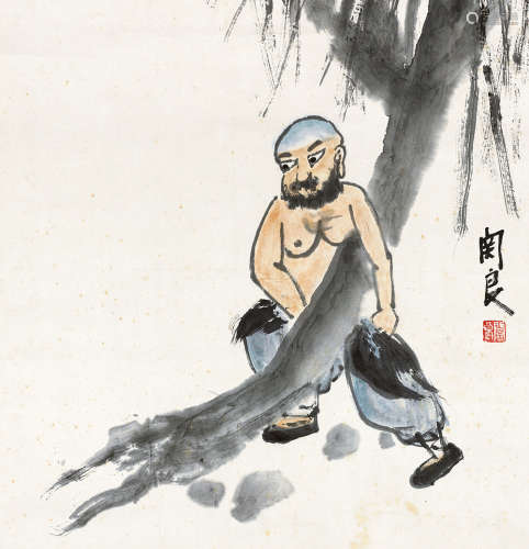 关良（1900～1986） 鲁智深倒拔垂杨柳 镜片 设色纸本