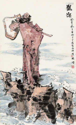 林墉（b.1942） 1983年作 观海 立轴 设色纸本