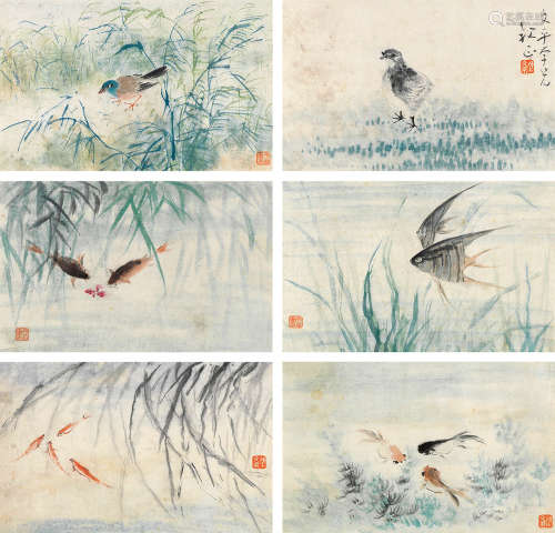 陈文希（1906～1992） 花鸟鱼藻 （六帧） 镜片 设色纸本