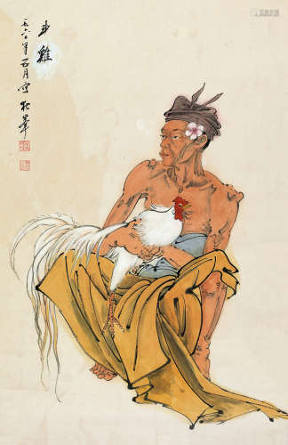 黄独峰（1913～1998） 1960年作 斗鸡 立轴 设色纸本