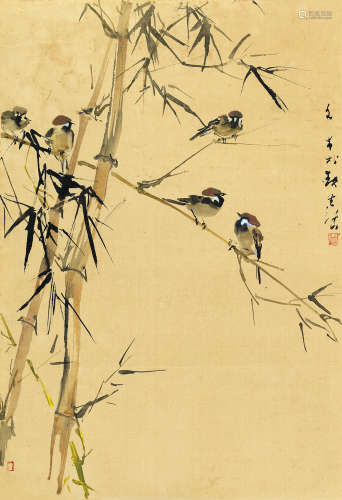 陈文希（1906～1992） 竹雀图 镜片 设色绢本