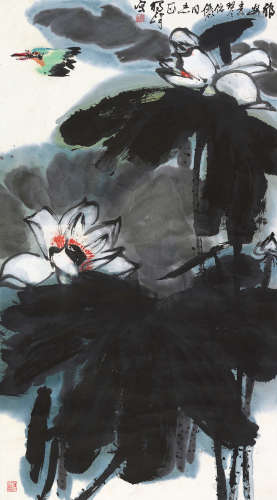 黄独峰（1913～1998） 荷花翠鸟 立轴 设色纸本