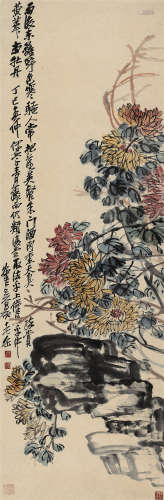 吴昌硕 丁巳（1917）年作 菊石延年 立轴 设色纸本