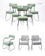 Cinq chaises et trois fauteuils industriels de style Bauhaus