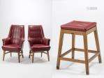 Paire de fauteuils et tabouret vintage en skaï rouge, 1940-1950