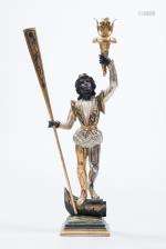 Sculpture en bois polychromé d'un gondolier vénitien tenant une torche et une rame de gondole. H. 73.5 cm (avec socle)