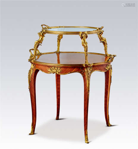 约1910年 法国黄檀木铜鎏金立体拼花双层茶桌