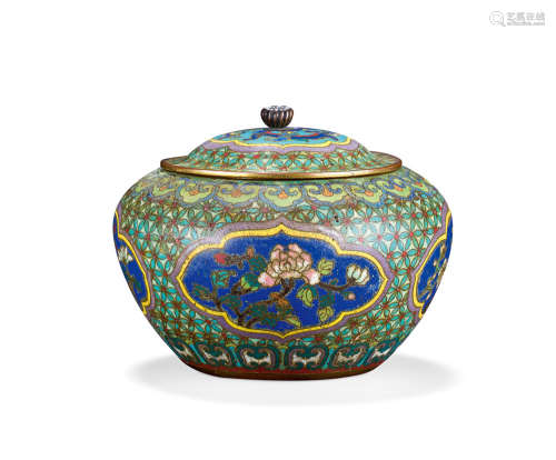 清中期 铜胎掐丝珐琅花卉纹开光盖罐
