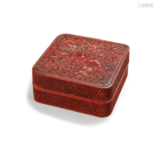 清中期 剔红雕漆海水龙纹方盒
