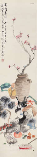 孔小瑜（1899～1984） 1936年作 岁朝集锦 立轴 设色纸本