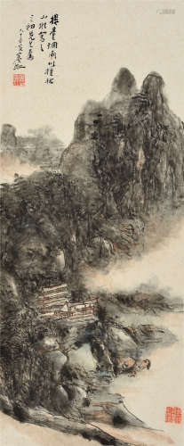 黄宾虹（1865～1955） 楼台烟雨图 立轴 设色纸本
