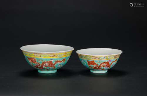 Guangxu-A Pair Of Famille Glazed Turquoise Blue Ground ‘Dragon And Phoenix ‘ Bowles
