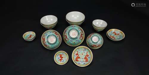 Late Qing/Republuc-A Famille Glazed Turquoise Blue Ground ‘Dragon’ Dinning Set