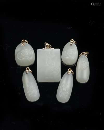 A Group of 6 Fine White Jade Carved ‘Flowers’ Pendants