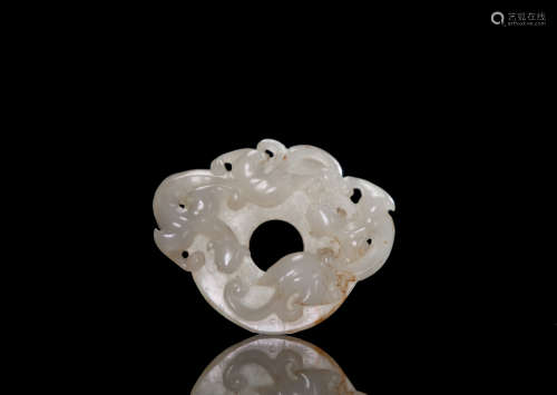 Ming Or Earlier-A White Jade Carved ‘Two Chilung’ Disc