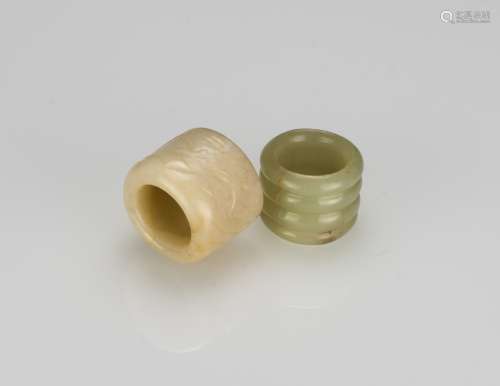 Qing-A Two White Jade Carved ‘Rabbit,Lingzhi’ And ‘String’ Archers Rings