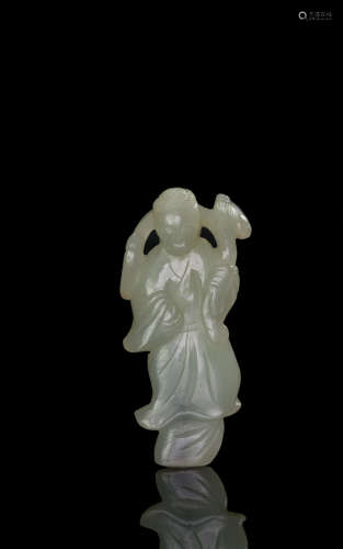 Qing-A White Jade Man With Lingzhi